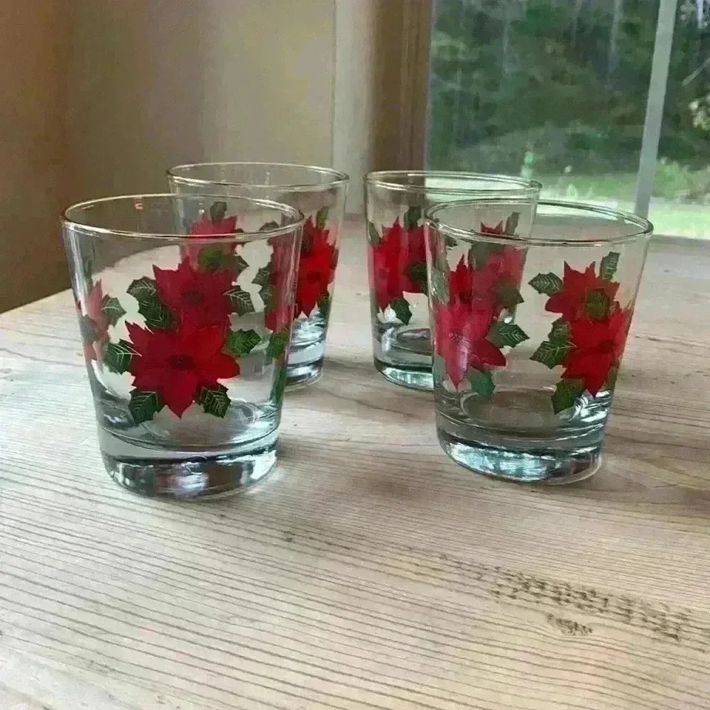 Vintage Christmas Anchor Hocking Poinsettia Rocks Glasses Set of 4 - Picture 4 of 6